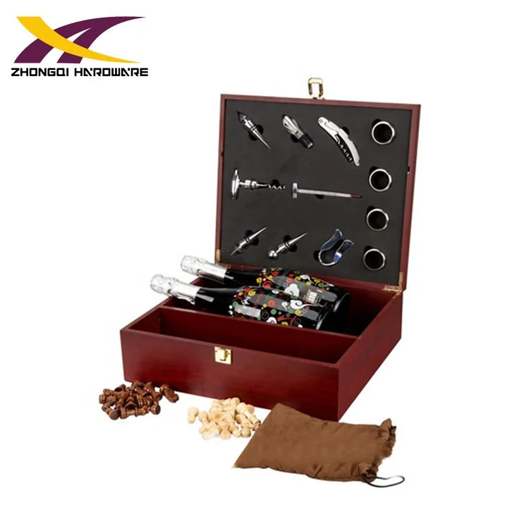 China manufacturer deluxe wooden box accessories wine opener gift set with chess set for 3bottles
