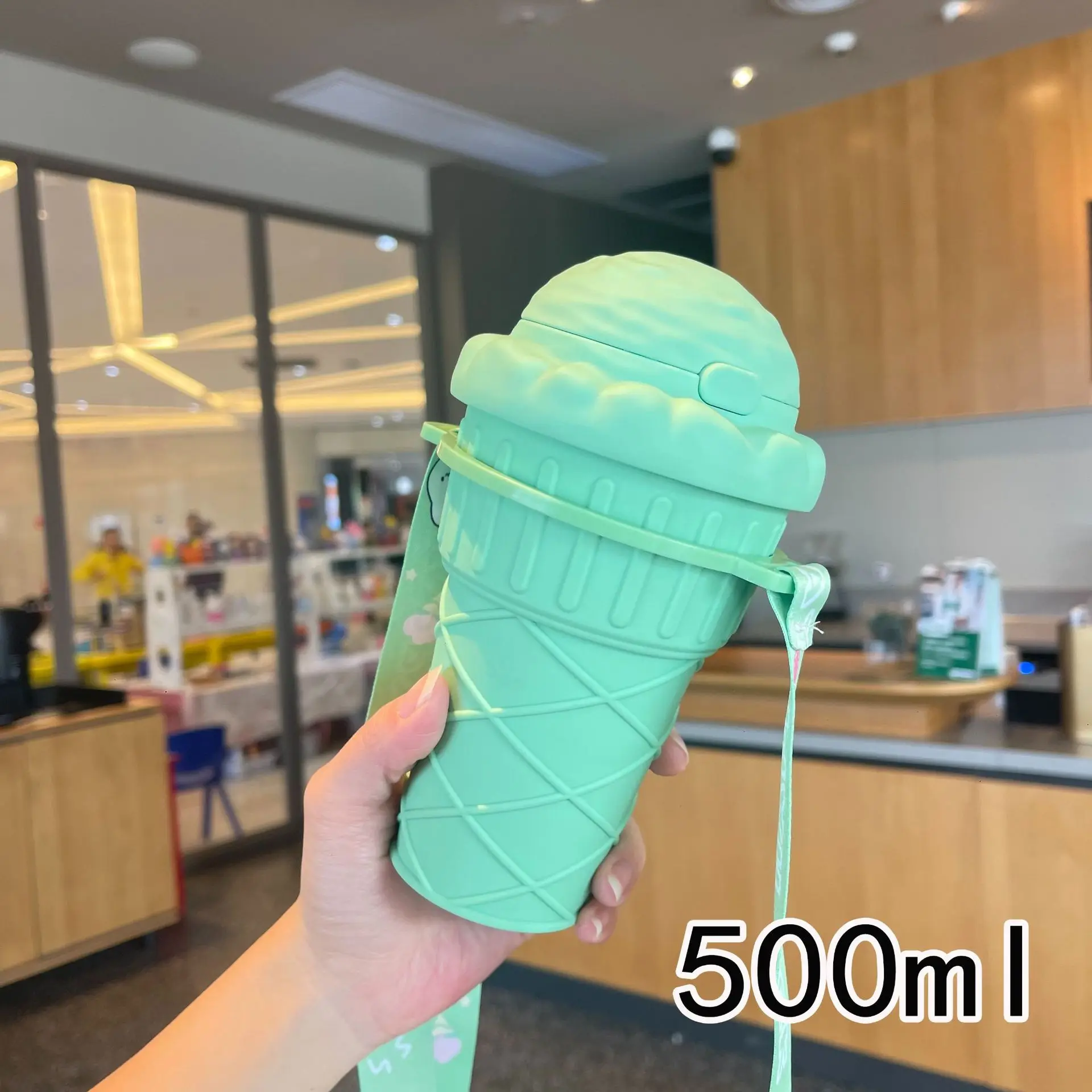 High appearance level creative ice cream shape cup portable student kids strap 500ml bpa-free plastic water bottle with straw