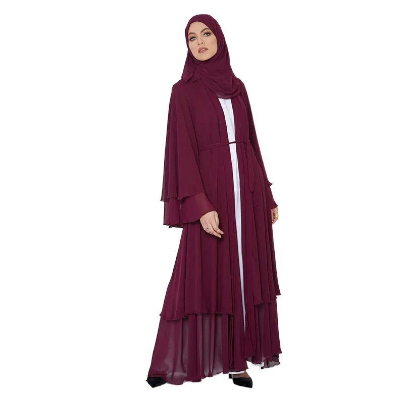 High Quality Double Layer Ruffle Abaya Dubai Islamic Modest Clothing Black Chiffon Open Abaya Kimono for Muslim