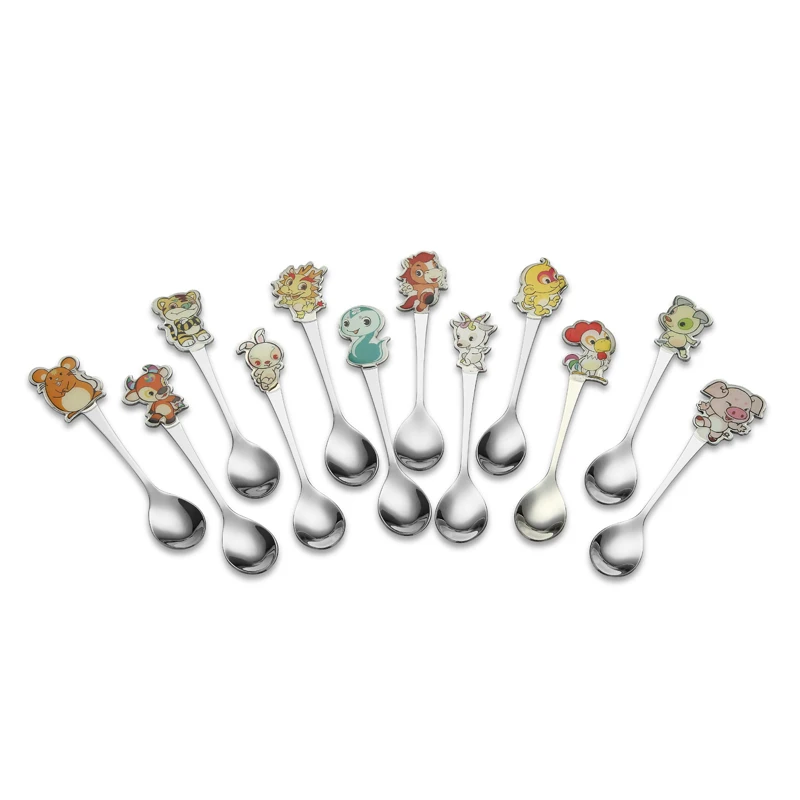 New Safety Kid Reusable Mini Colorful Stainless Steel Flatware Children Cutlery Cartoon Patterns Baby Spoon