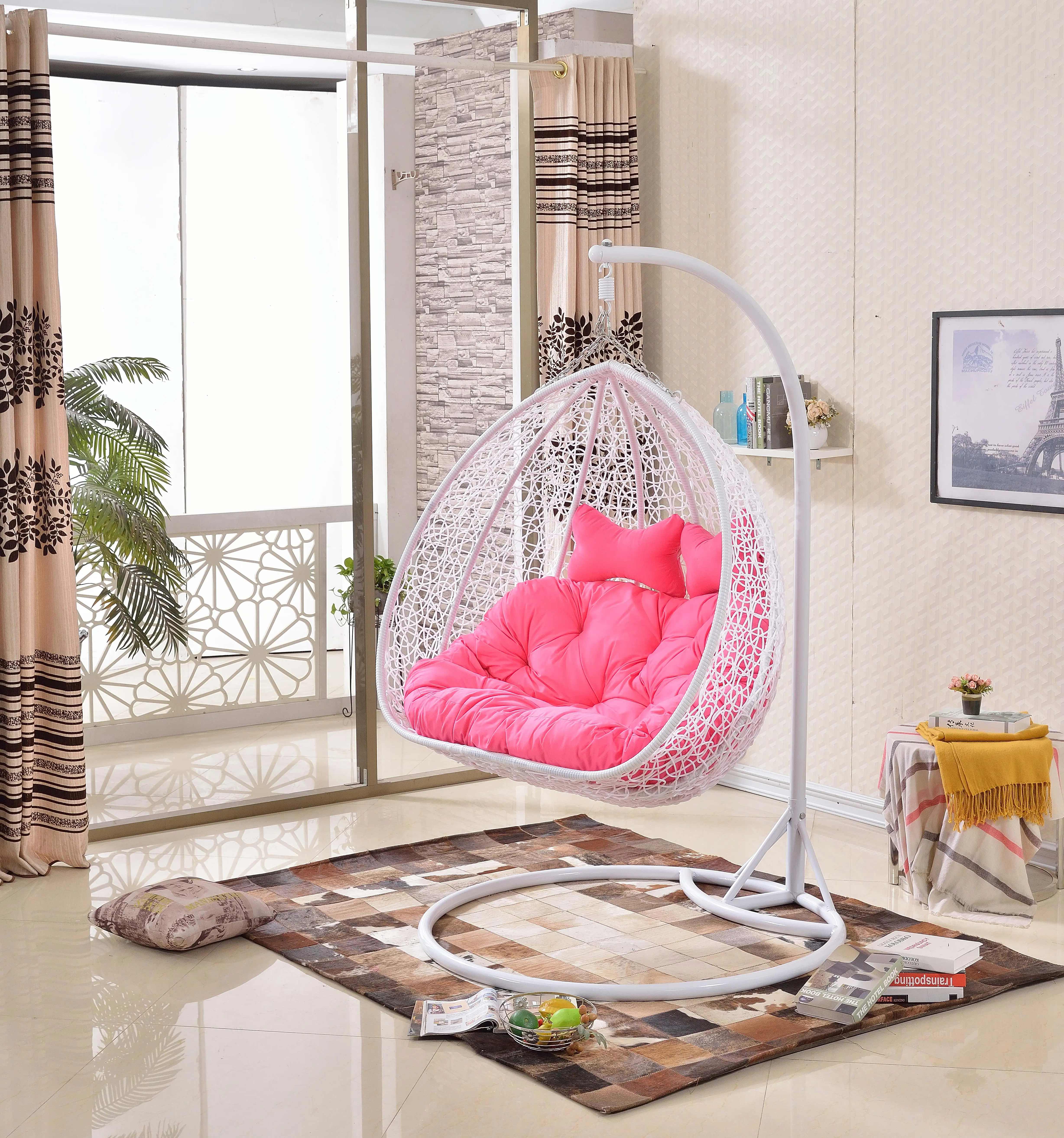 White aluminum frame white rattan balcony indoor outdoor hanging basket rattan swing chair