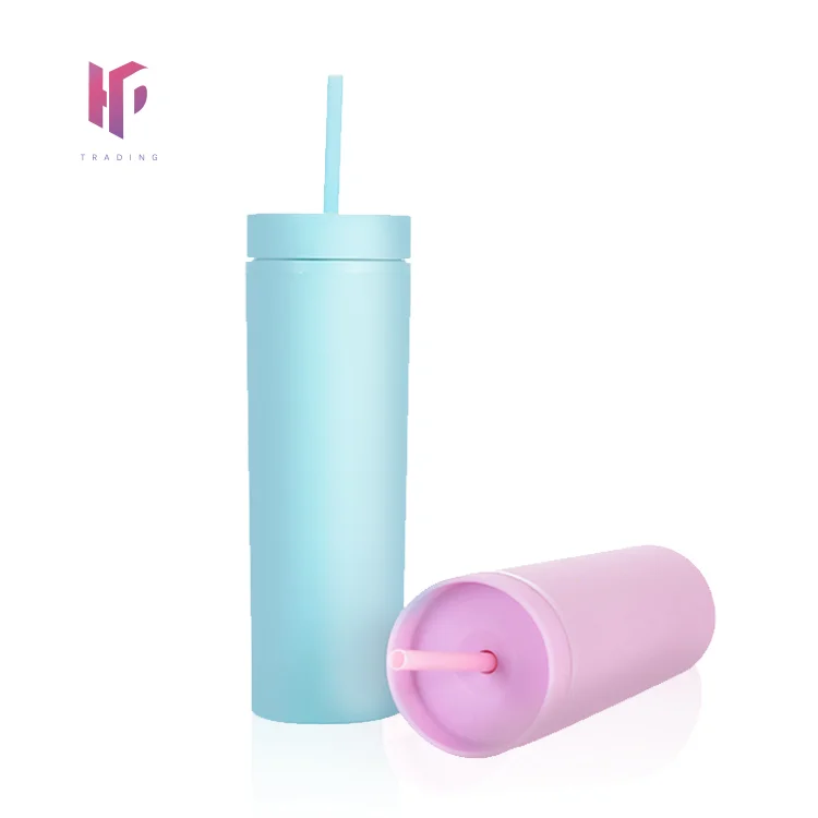 Пятно 16OZ для похудения с двойными стенками пластик матовый стакана воды большой емкости прямые чашка кофейная трубочкой и