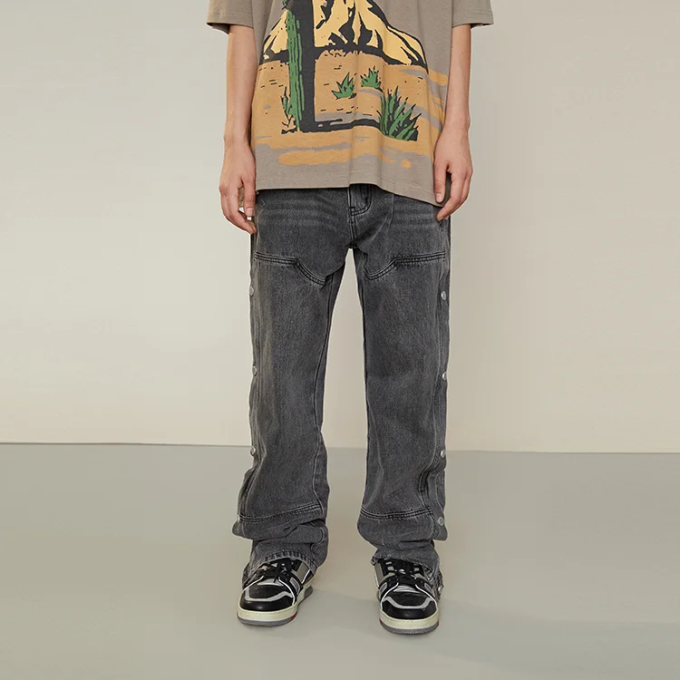 Spring autumn outdoor custom 100% cotton side-side buckle design washed denim men women oversize pants