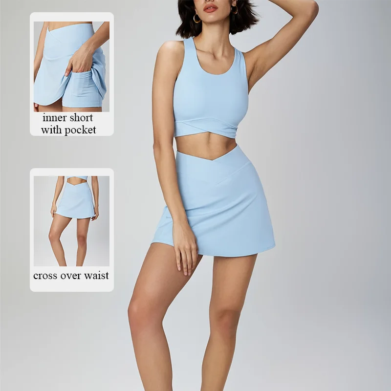 2024 Hot Selling Two Piece Set Round Neck Crop Top and Crossover Waistband Skirt Slim Fit Workout Women Sport Wear Set