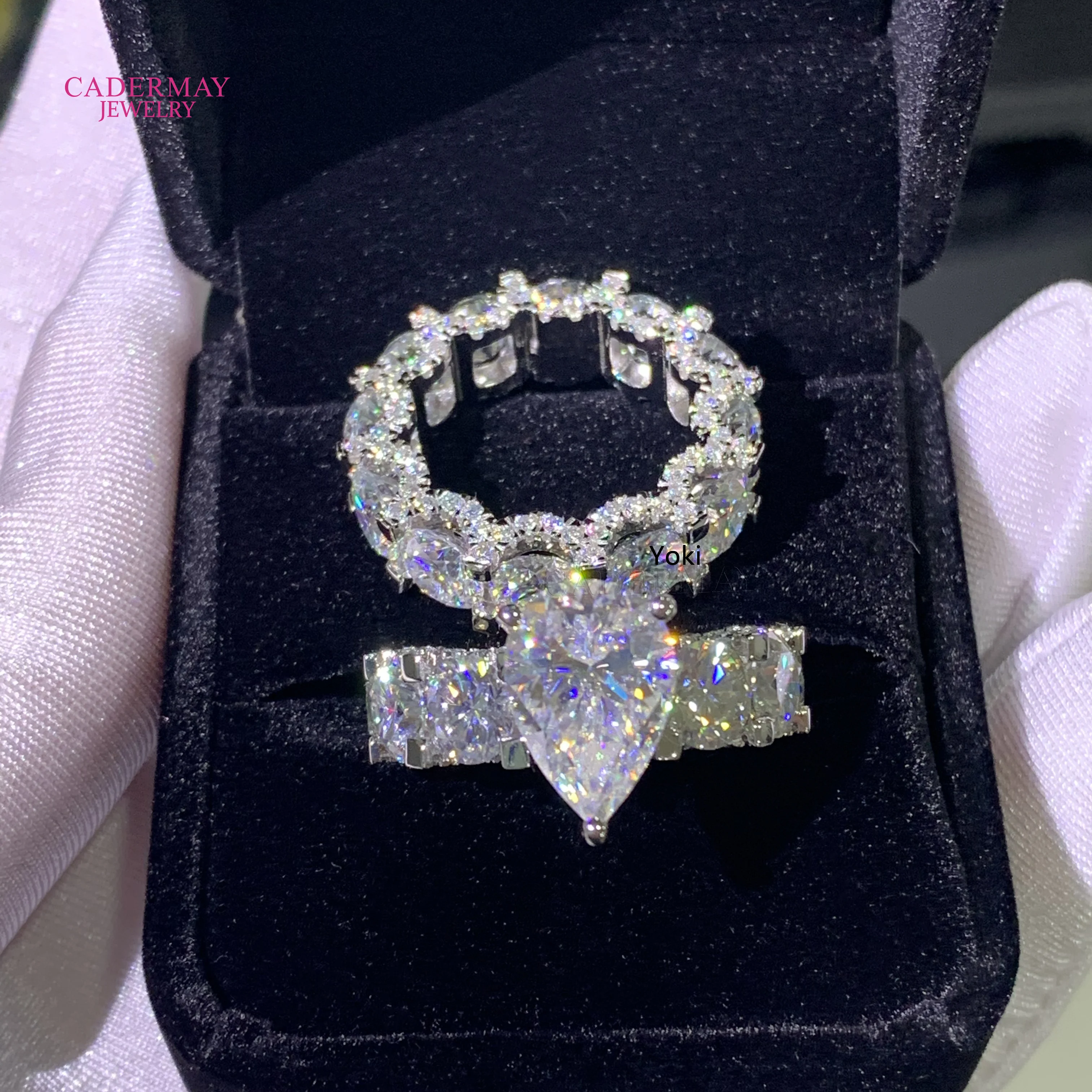 Cadermay Luxury 925 Silver 10k 14k 18k Solid Gold 6mm Eternity Band 5ct Pear Cut Moissanite Diamond Wedding Engagement Halo Ring