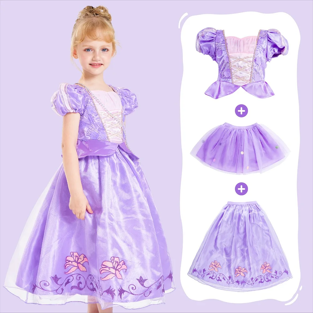 Disney Princess Costume, Fancy Dress Up Outfit for Birthday Party 3-12Years Snow White Cinderella Belle Aurora Rapunzel