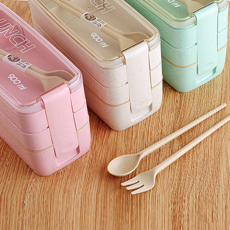 3 Layer Wheat Straw Bento Box With Spoon Fork Microwave Japanese Lunch Box For Adults Kids
