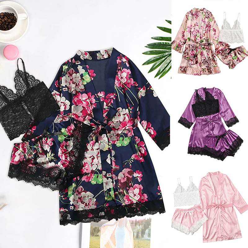 
Long sleeve Womens Pajamas Sexy Lace Lingerie Nightwear Underwear Sleepwear 3PC Suit Pajama Sets For Women Pajama 