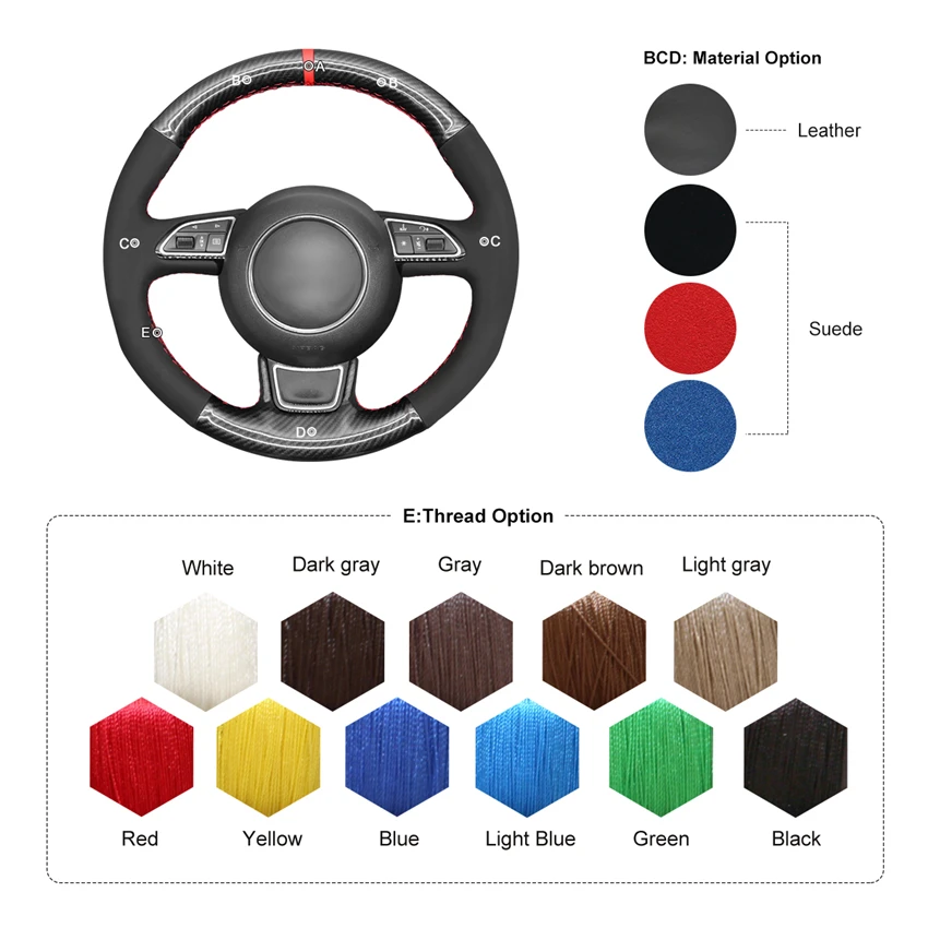 Custom Hand Sewing Carbon Suede Car Steering Wheel Cover Red Strip for Audi A1 A3 A4 A5 A6 A7 Allroad RS S6 S7 S8 2013-2018