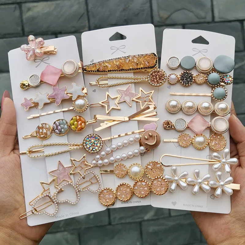 2021 Wholesale Various Styles Korean Fashion Hair Accessories Pearls Heart Hair Clips Cristal Hairpins Set