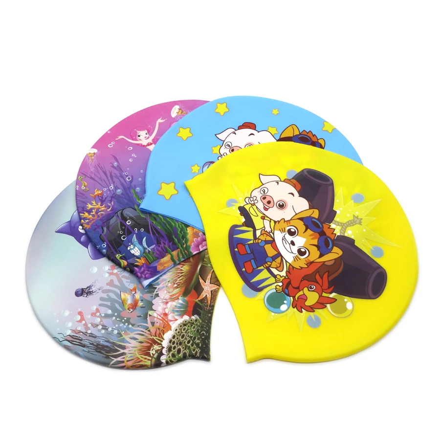 Kids Swimming Caps Fashion Custom Silicone Caps with Multicolor and Various Patterns with Customized Logo