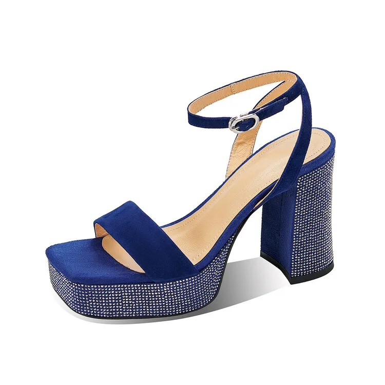 sheep suede leather platform heel open toe ankle strap sandal rhinestone chunky heels diamond party sandal