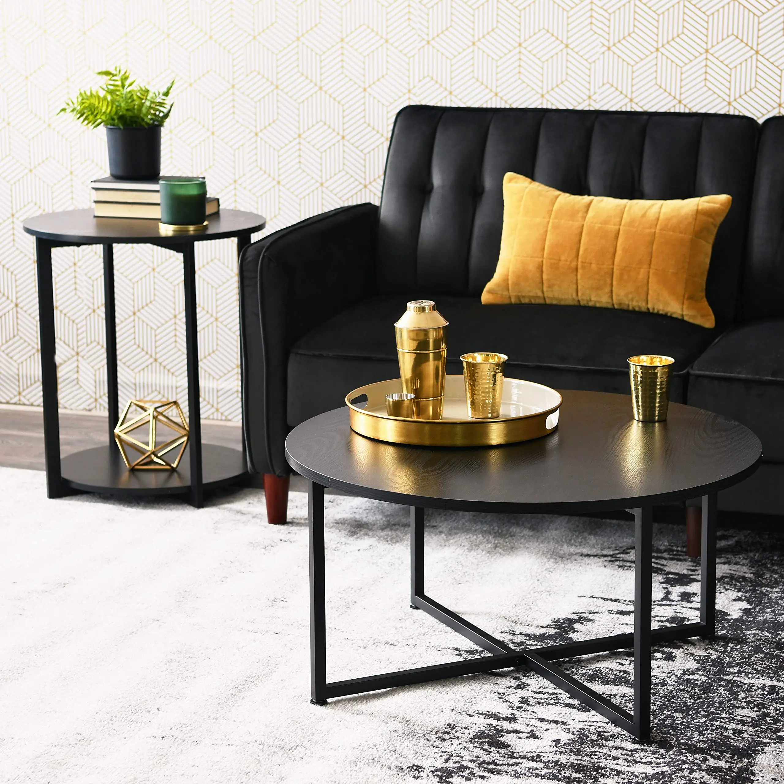 Wholesales Custom Living Room Furniture Modern Wood Tea Table Metal Frame 2 Tier Side Table Desk Coffee Tables