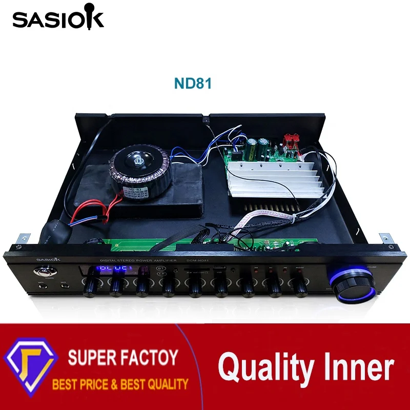 ND81 400W PMPO 2.0ch Mic. echo/delay digital stereo karaoke amplifier with BT/USB/SD/MMC/AUX/FM radio/LED display functions.