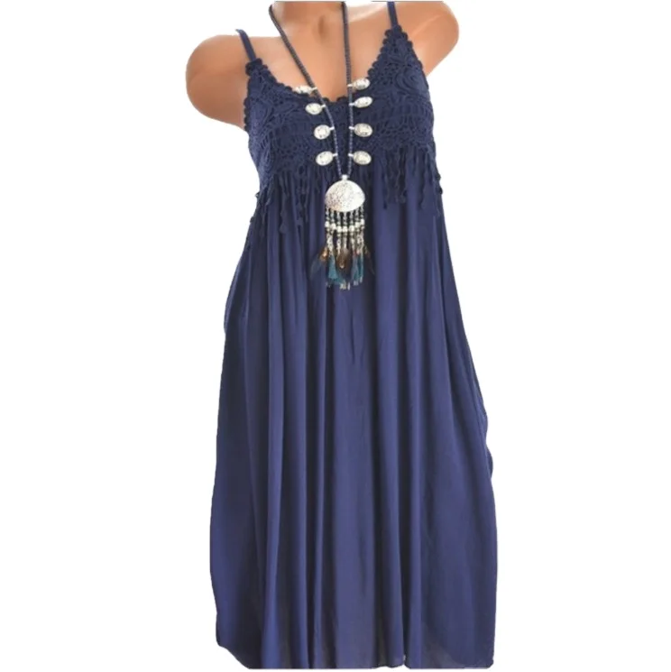 Elegant Sexy Lace Splicing Tassel Spaghetti Strap Mini Dress For Women 2020 Summer