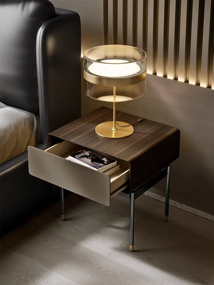 Atunus Italian New Modern Nightstand Light Luxury Bedroom Smoked Black Minimalist Bedside Cabinet Creative Storage Locker