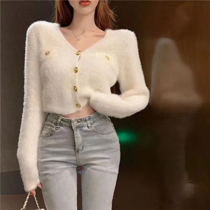 2024 Korean Fashion Women Crop Top Sweaters Autumn Winter Long Sleeve Slim Knitted Button Open Front Cardigan Ladies Knit Coats