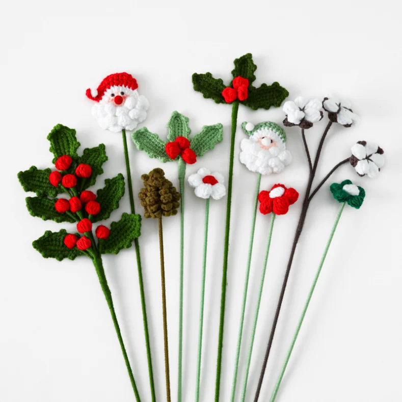 Christmas Cotton Red Bean Leaves Artificial Flowers Crochet Bouquet with Santa Claus and Pine Cones