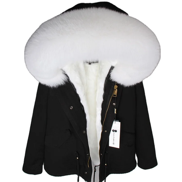 2022 Winter Women White Fluffy Short Fur Parka Faux Fur Liner With Hood Inside Real Fox Fur Customized Coat