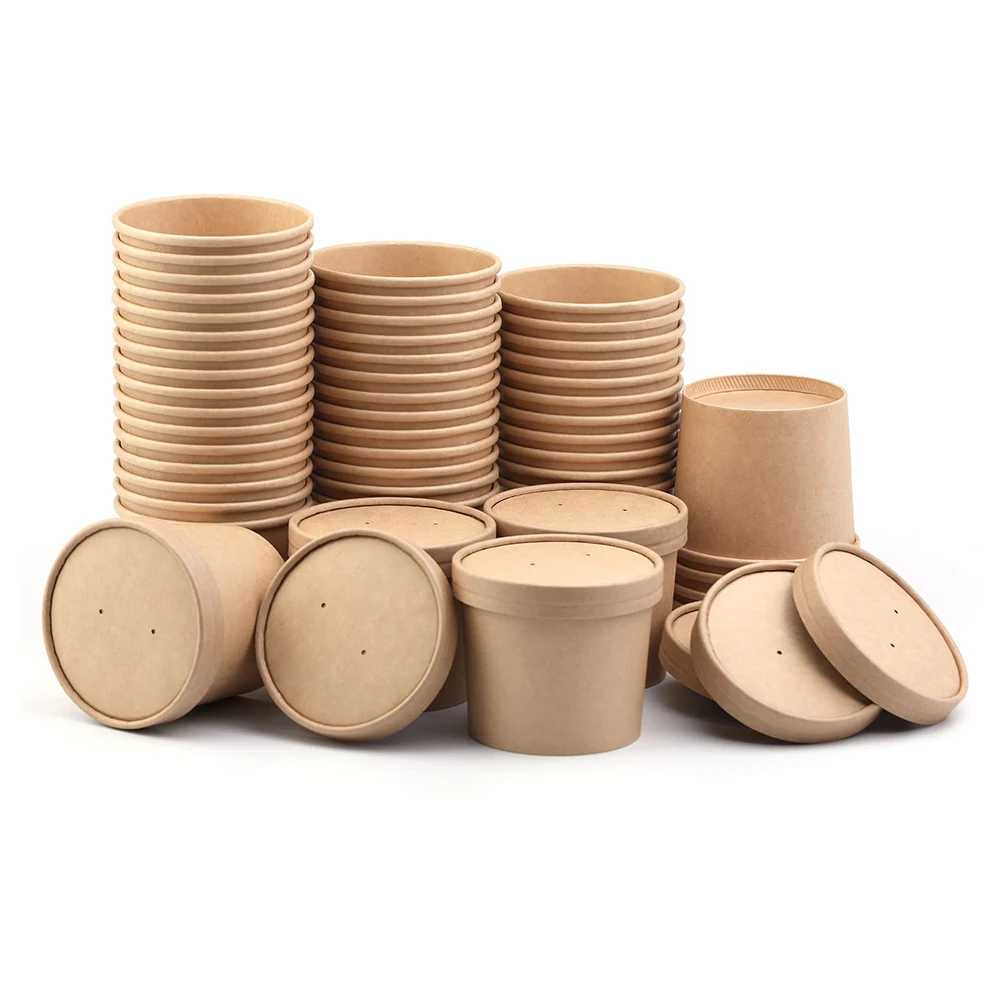 Custom Thickened Disposable Paper Food Bowls Eco Friendly Round 12 Oz Kraft Paper Soup Bowl Cup With Clear Lid