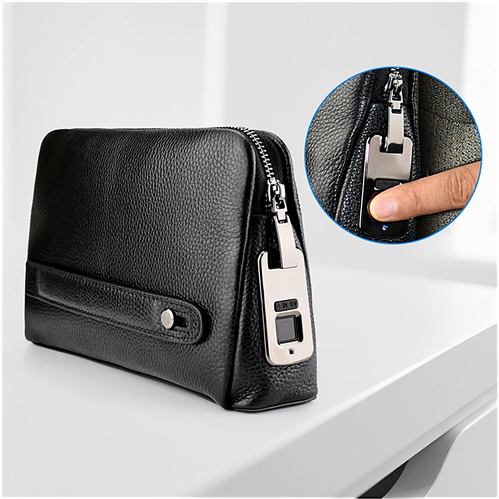Fashionable leather business bag for men Wholesale business men fingerprint handbag with fingerprint lock Fingerprint Handbag
