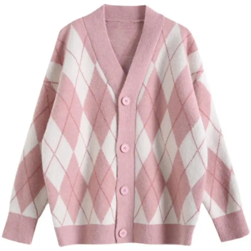 Cute Women V neck Diamond lattice Ribbed Loose Knitting Sweater Cardigan