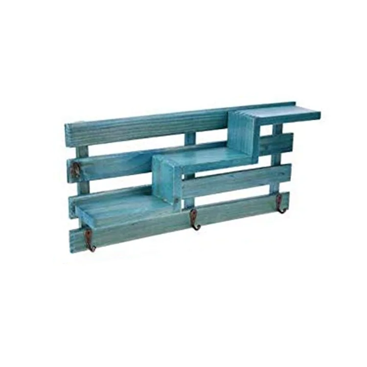 Three Layer Entryway Shelves Wall Mounted Holder Storage Organize Solid Wood Storage Racks Stair Display Shelf with Metal Hooks