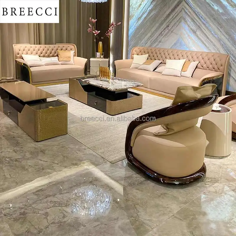 Italian Modern Luxury High Quality Gold Stainless Steel Imitation Leather Sectional Sofas for Hotel Living Room Furniture Sets