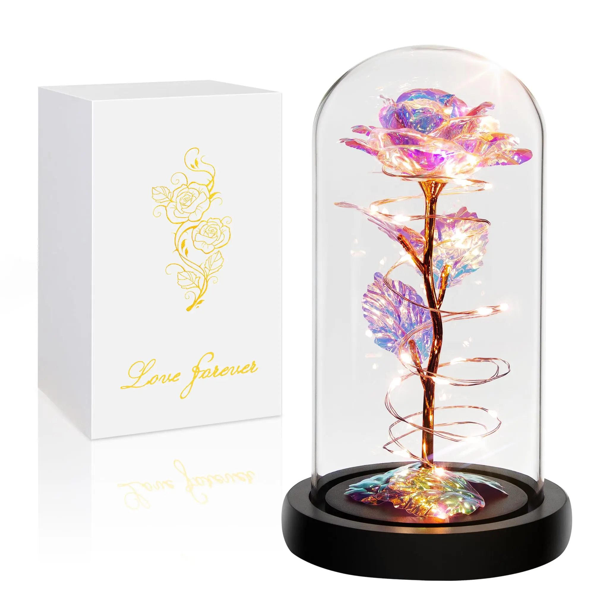 Hot Sale Luxury Colorful Rose Flower In A Glass Dome With Led Light For Decorations Gifts Activities