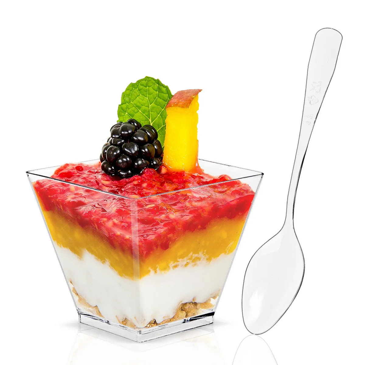 BST Reusable Parfait Appetizer Cup Mini Plastic Dessert Cups square with Spoons for Tasting Party Desserts Appetizers