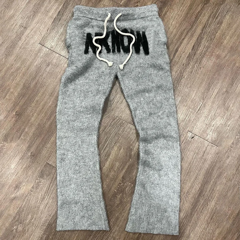 Custom Y2K Thermal Jogger Streetwear Stacked Knitted Casual Fuzzy Flare Mohair Pants Men