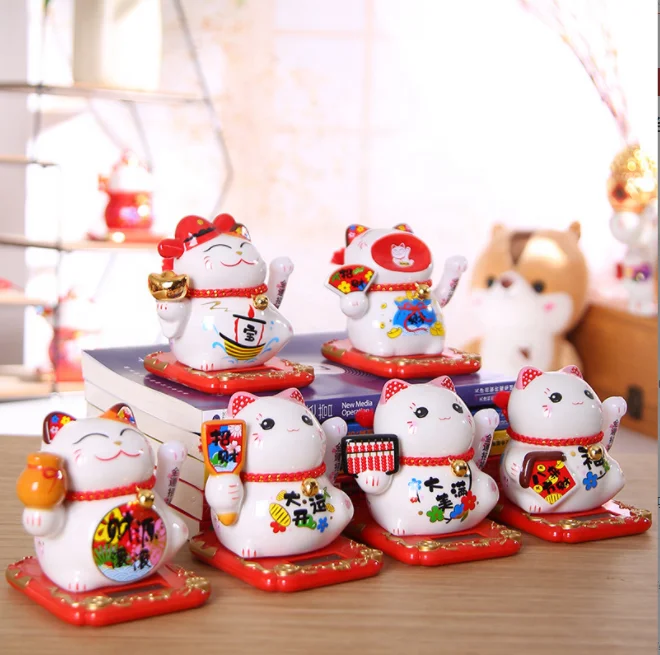 Japanese Maneki Neko Ceramic waving hand arm fortune Lucky Cat solar For car decoration