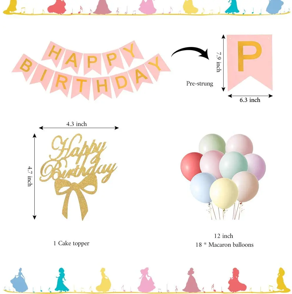 TownLights Pink Birthday Party Supplies Kit for Girls Princess Theme Decoration Set With Princess & Flower Shape Party Banner