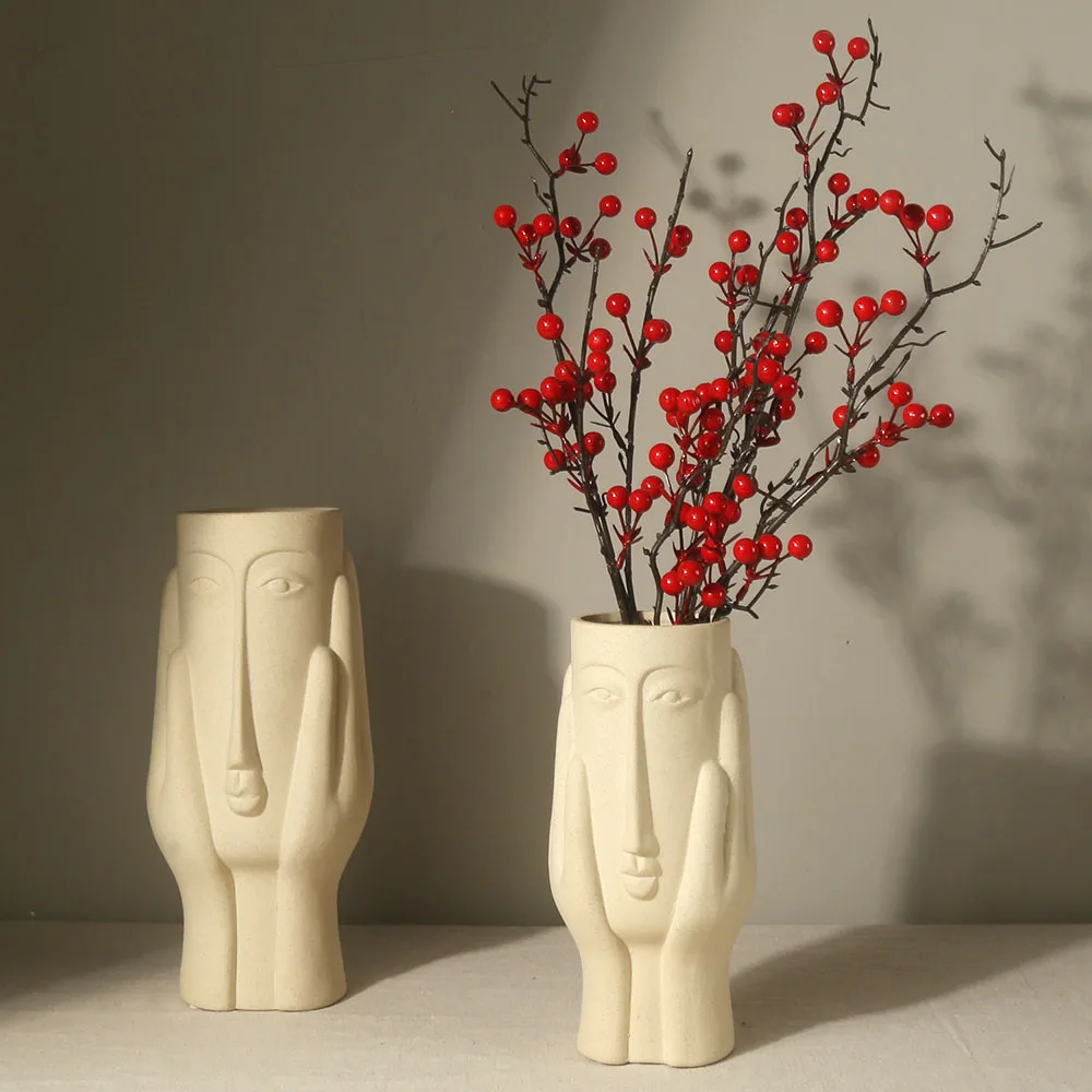 11 inch Rustic Old Antique Abstract Hands Human Face Hand Painted China Ceramic Flower Vases For Home Decors