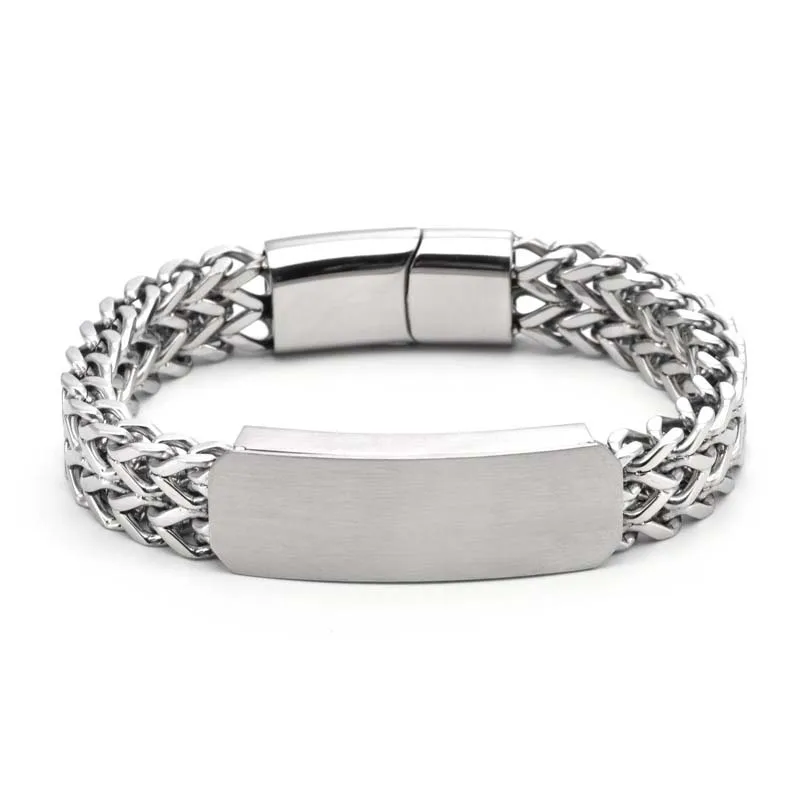 Silver Punk Jewelry Trendy Two Layer Wide Chain Bracelets Engraving Bar for Men Big Wide Chain Bracelet Magnetic Clasp