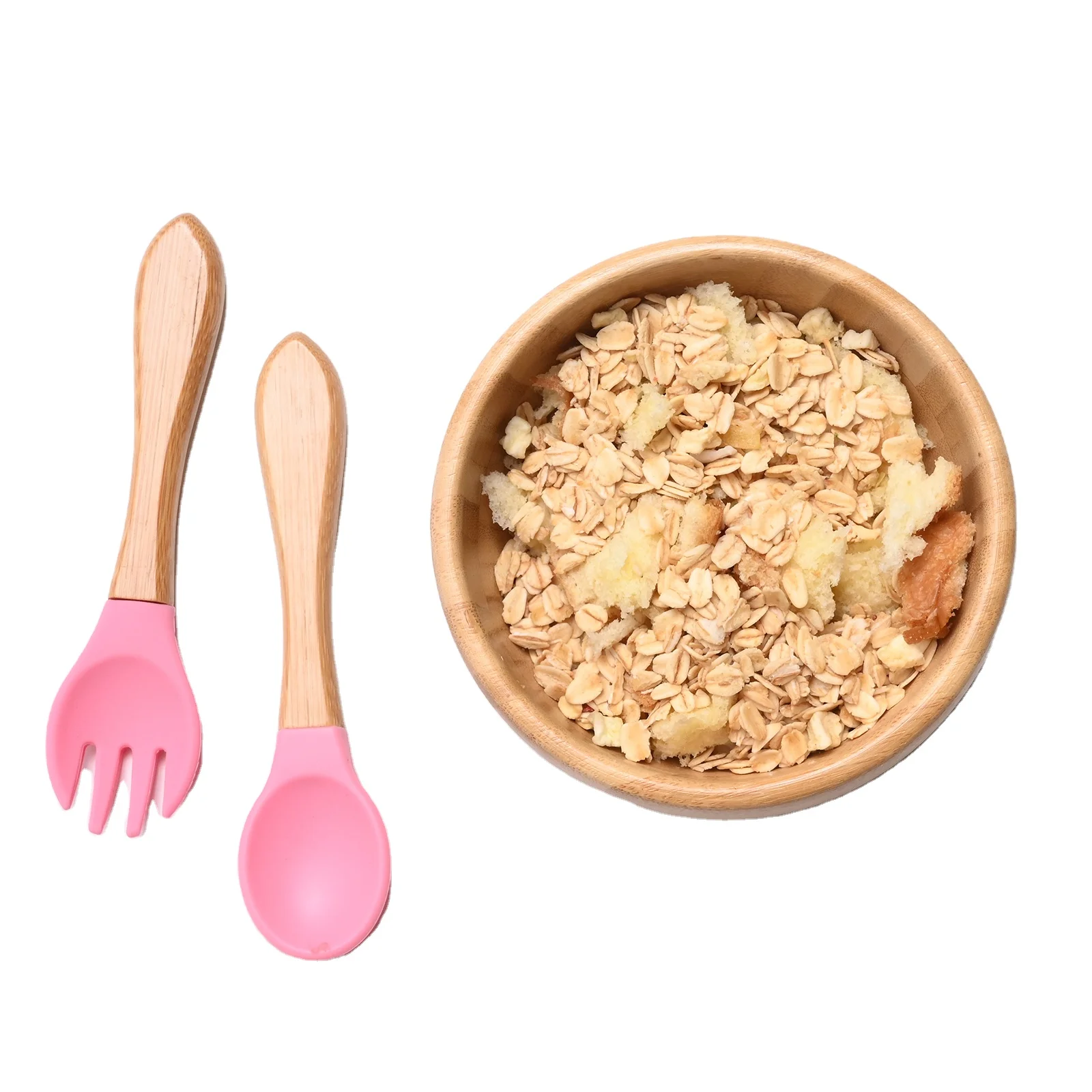 Bamboo Baby Bowls with Suction and Spoon Fork Set Detachable Suction Base Natural Bamboo Baby Utensils for Stay Put Feeding Set