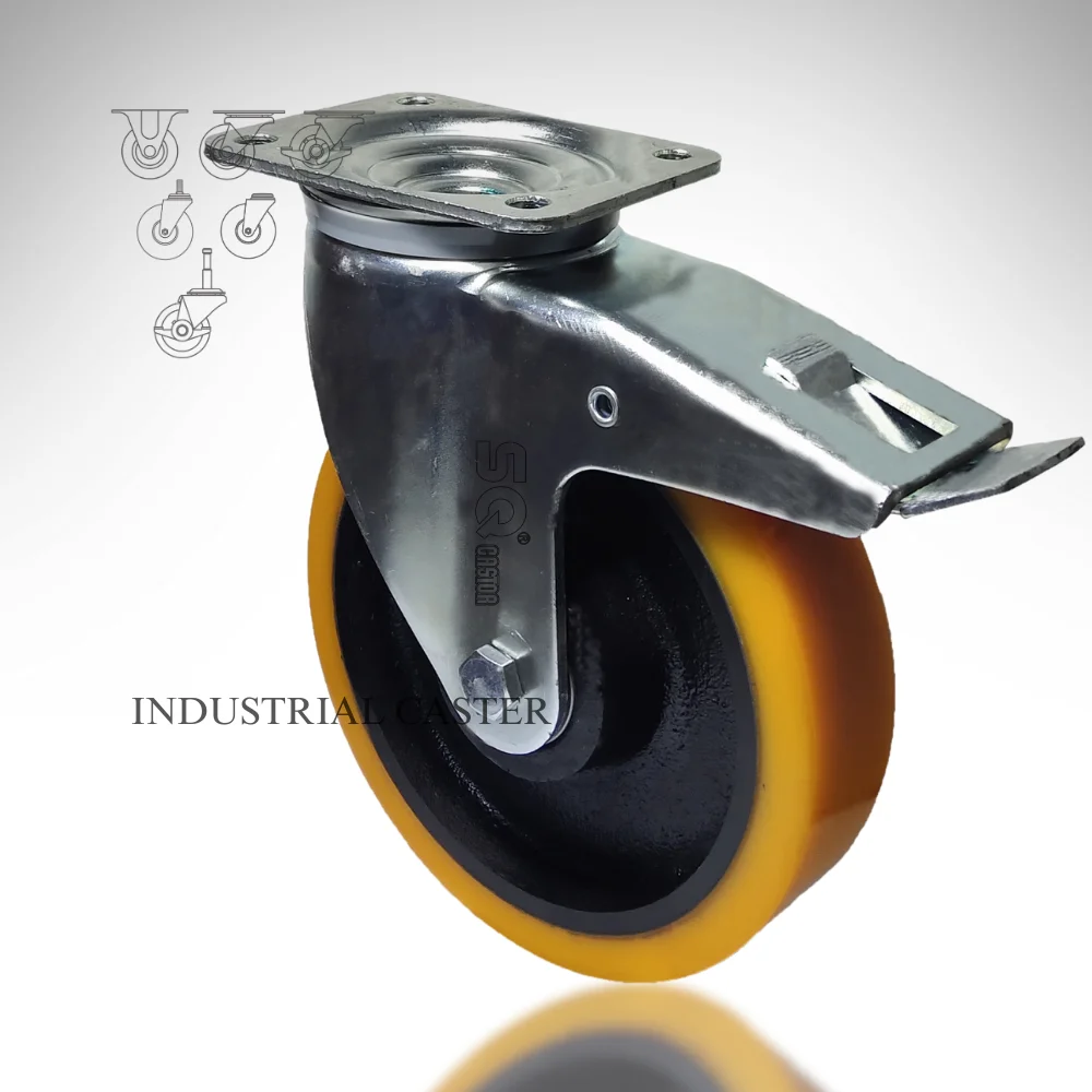 SQ castor  OEM   Industrial Cast Iron PU Castor Wheel Caster  Swivel Top Plate Polyurethane Wheel Ball Bearings Rigid Brake