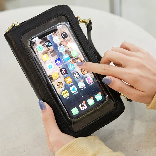 Custom PU Shoulder Bag Wallet Design OEM Logo Women Purse Card Holder Lady Crossbody Pouch Touch Screen Cell Mobile Phone Bags