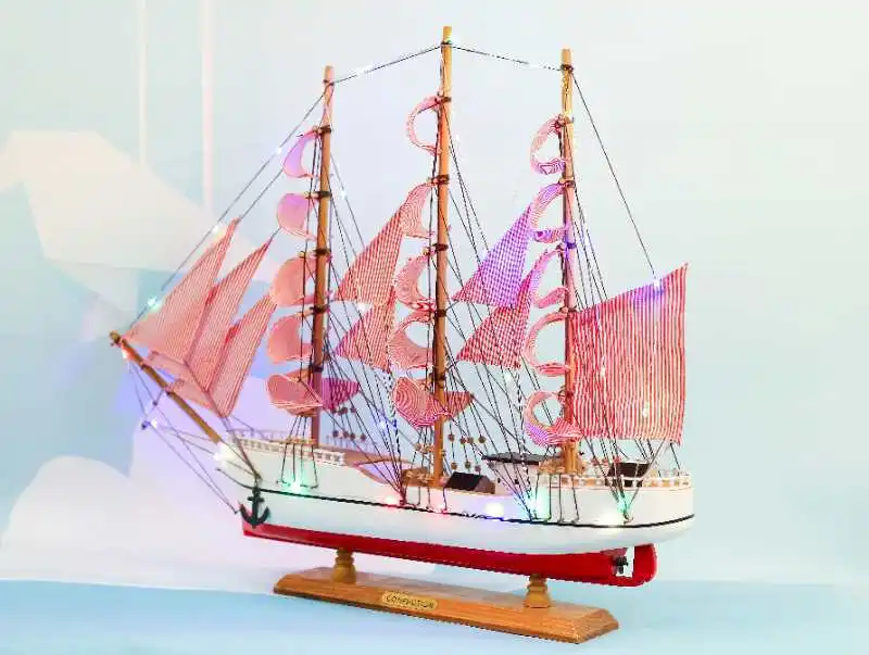 60cm Beach Mediterranean Nautical Home Desk Decor Wood Crafts Wooden Sailboat Boat Sail Ship Model with Lamp