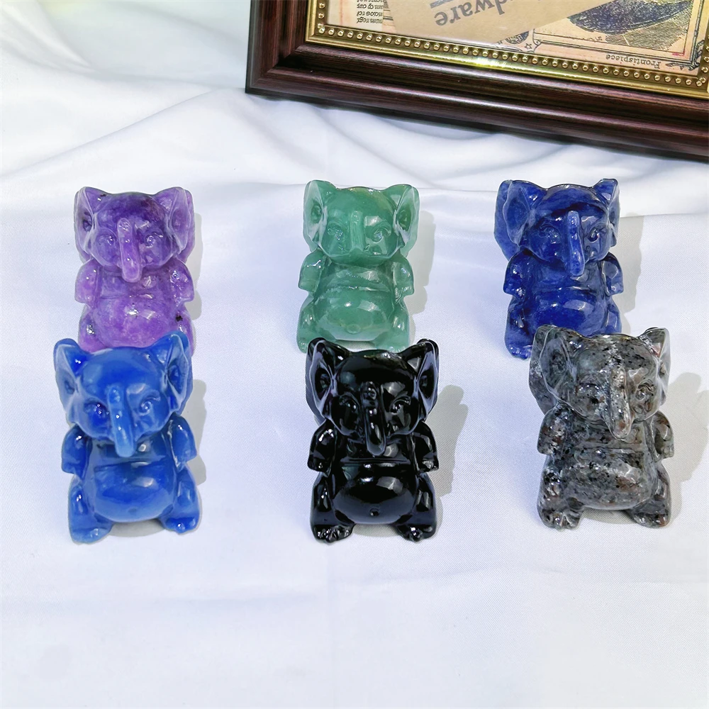 Natural crystal crafts Reiki Healing stone polished lepedolite black obsidian carving flying fat baby elephant for gift
