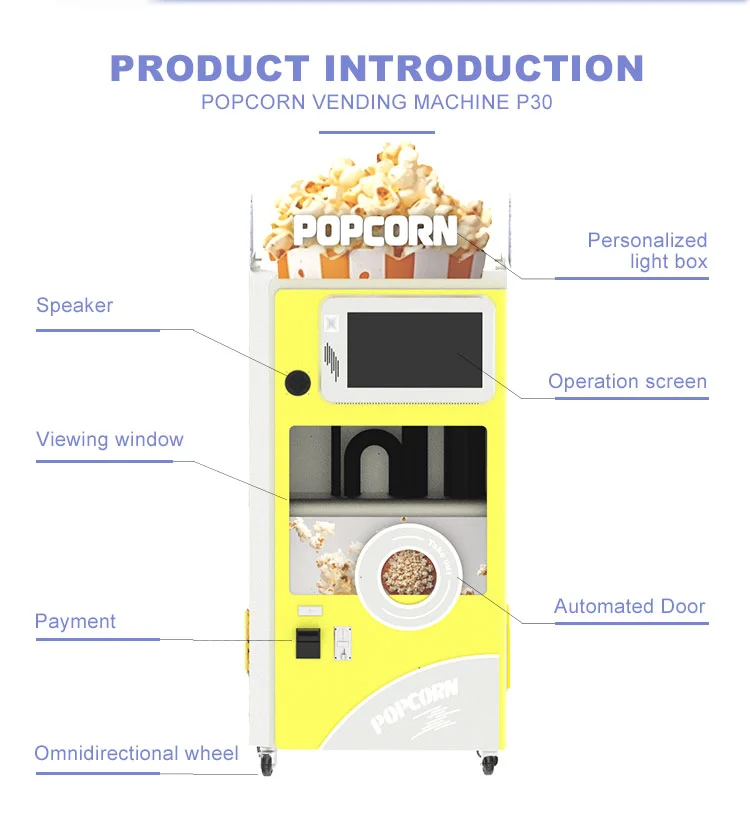 Automatic freshly made popcorn machine with pulleys easy to transport for movie theater shopping malls
