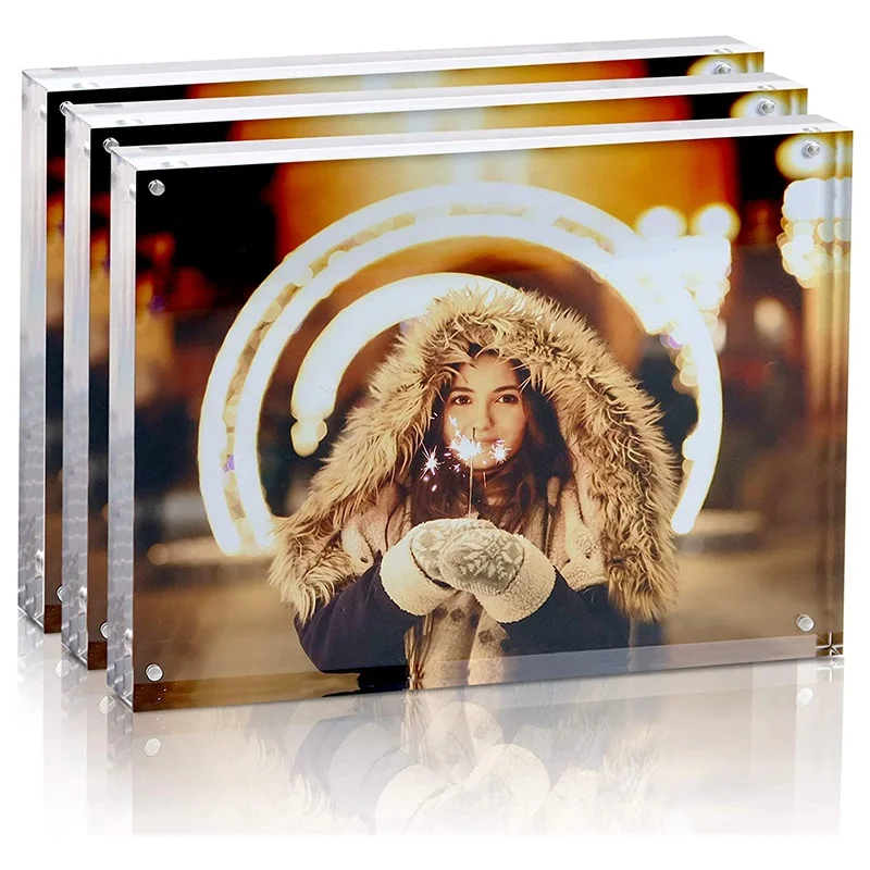 Crystal Glass Clear 15mm+15mm Thickness Double Sided Frameless Desk Picture Frame Lucite Plexiglass Acrylic 8x10 Magnet Frame