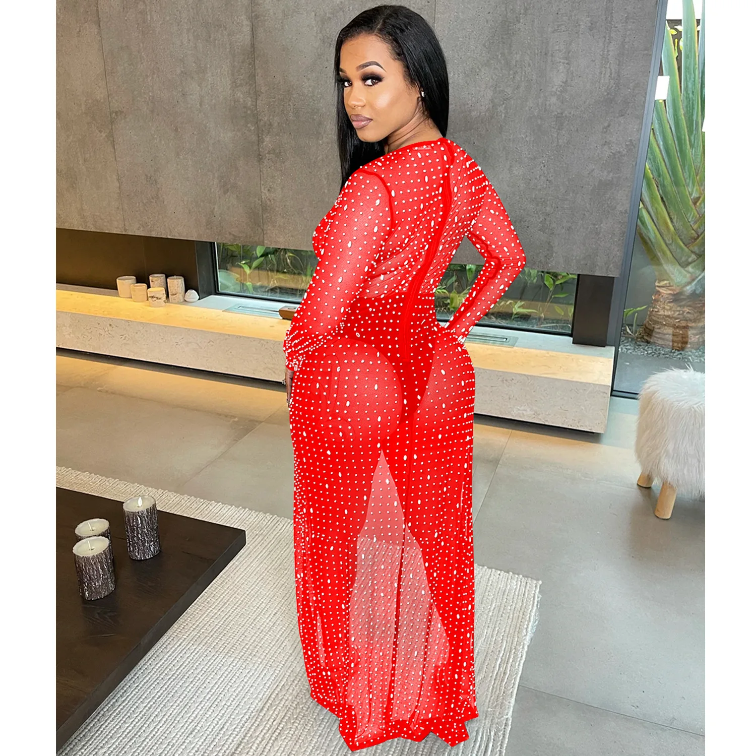 H9531 - High Quality trending new fashion long sleeve rhinestones women split dress club wear