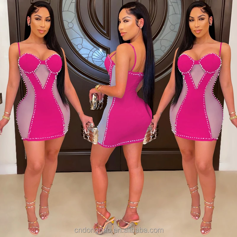 Wholesale Club Wear Skirt Transparent Luxury Dress Custom Summer Spaghetti Strap Mesh Rhinestone Dress