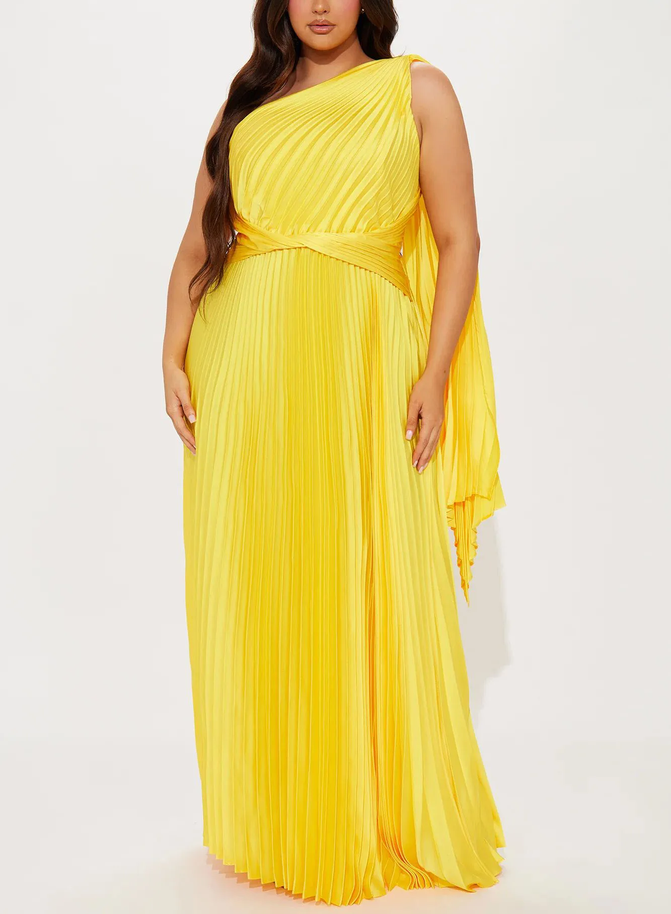 Low MOQ Custom Ladies Elegant Evening Dress One Cold Shoulder Solid Yellow Color Fashion Summer Clothing Women Pleated Dresses
