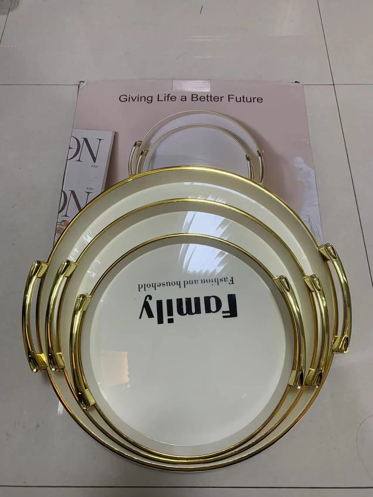 3-in-1 Rotundity PET home living room coffee table snack plate Plastic transparent gilded edge dry fruit tray set