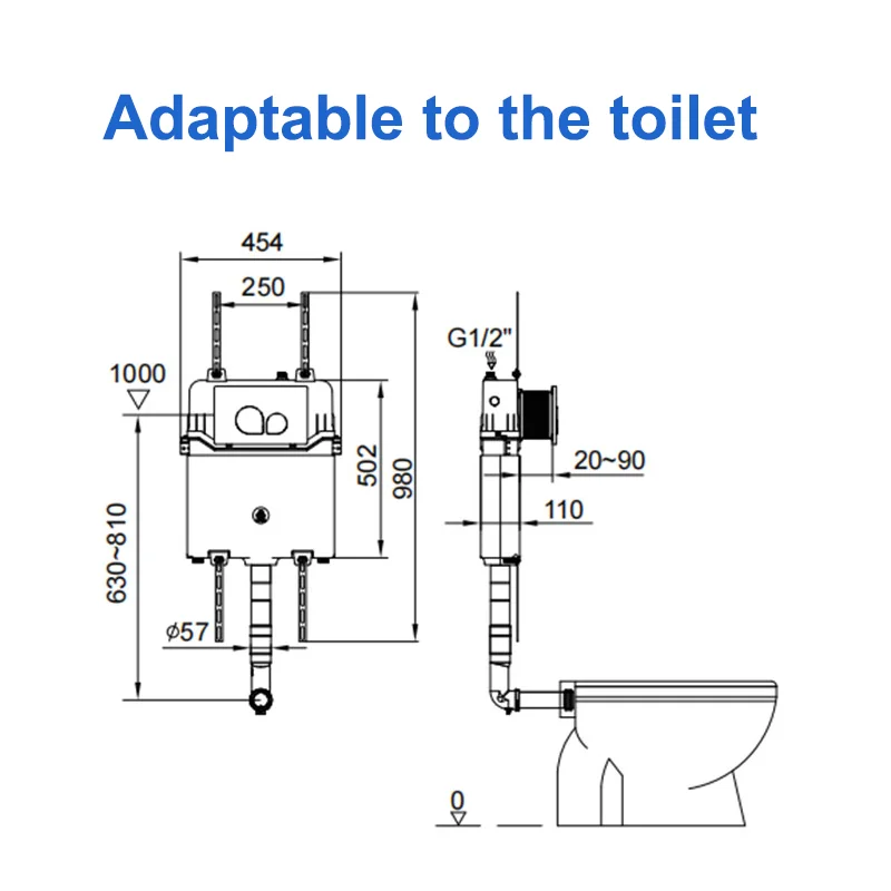 Wall hung wc toilet concealed cistern flush tank press button flush plate control panel quiet energy saving hidden water tank
