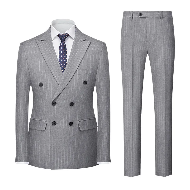 High End Men Striped Suits Grey Expensive Designer Formal Costume 3 Pcs Double Breasted Slim Fit Black Suit With White Stripes