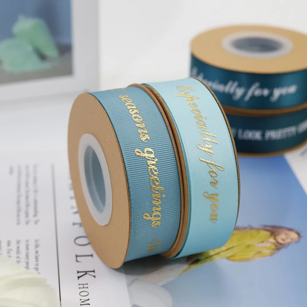 Custom Personalized Logo 3D Embossed Grosgrain Gold Foil Printed Polyester Ribbon Factory-Made Flower Wrapping Satin Ribbon