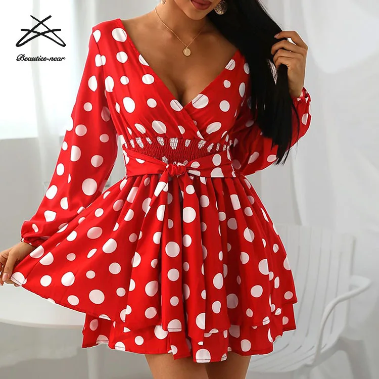 Women V-neck Empire Dress Polka Dot Black Red A Line Spring Long Sleeve Summer Mini Dress For Women